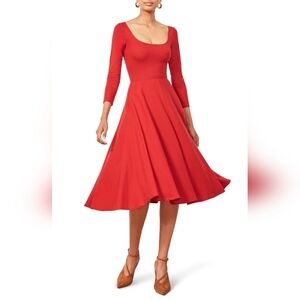 Reformation Lou Fit & Flare Midi Dress XS Cherry Red Long Sleeve Scoop Neck